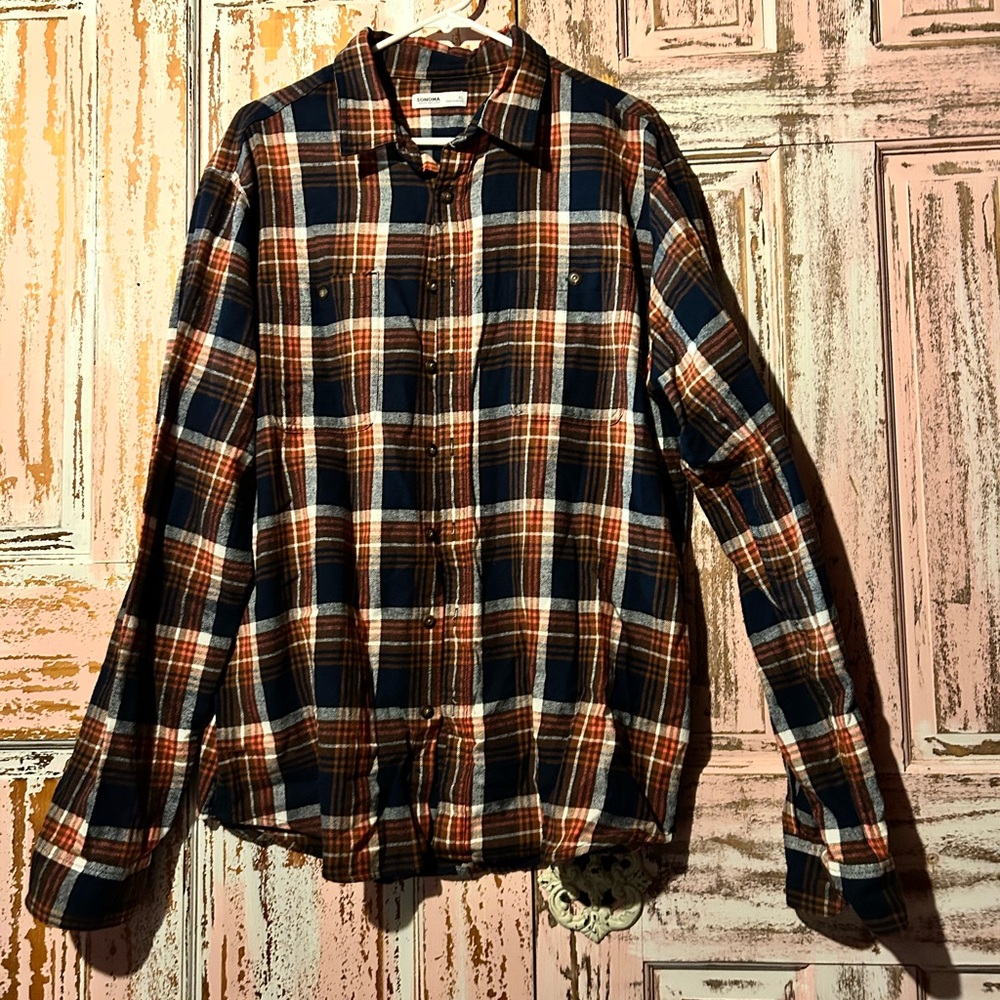 Sonoma Men's Casual Button Down Shirt - Navy, Orange, White Plaid